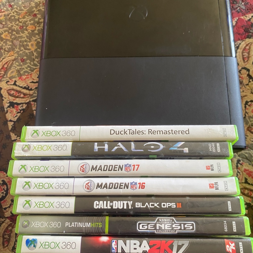 Black Xbox 360 Console with Video Games